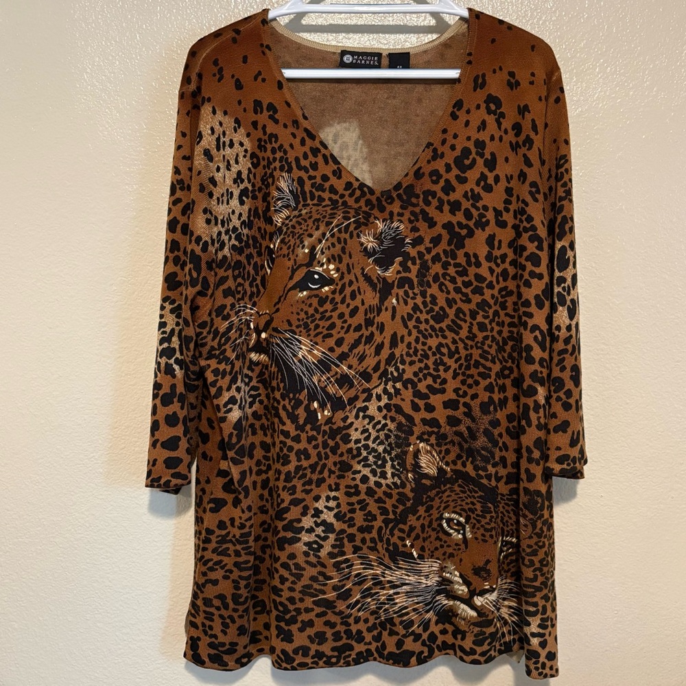 Maggie Barnes Artsy Boho Animal Print V-Neck Top Cheetah Jaguar 3/4 Sleeve 4X